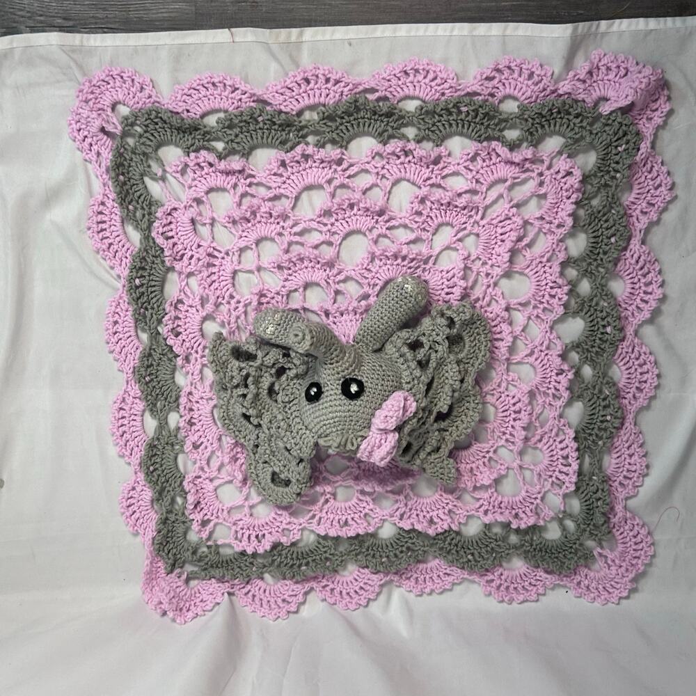 Handmade Crochet Elephant Lovey Blanket 30x30 Pink Gray Baby Nursery Gift